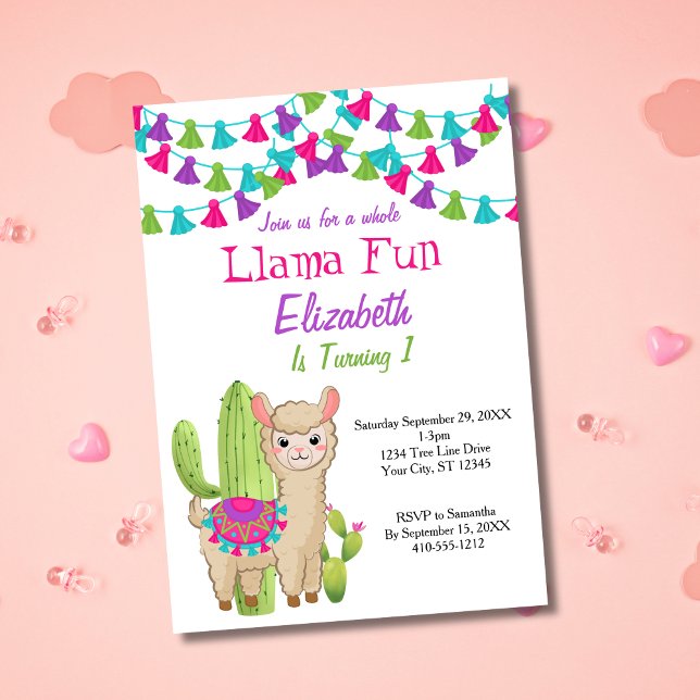 Whole Llama Fun Pink Purple Cactus Child Birthday Invitation (Whole Llama Fun 1st Birthday Party Invitation. Printed or Digital Download.)