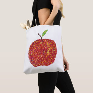 Whole Ripe Red Apple in Pointillism Tote Bags