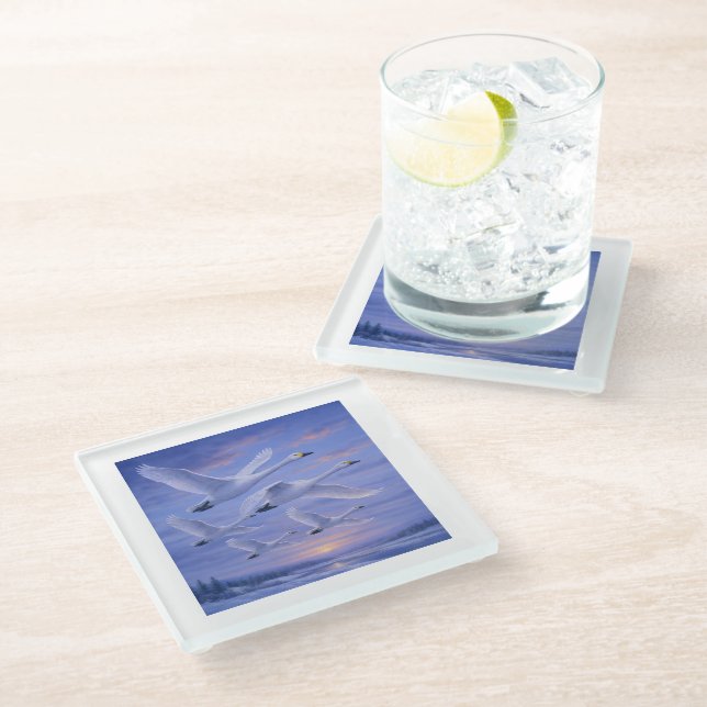 Whooper Swans at Dusk Glass Coaster (Angled)
