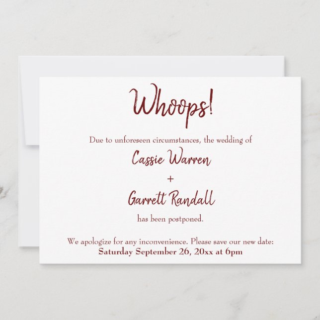 Whoops! Burgundy Postponed Wedding Announcement (Front)