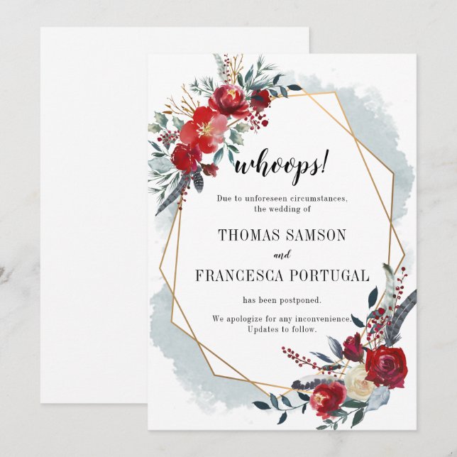 Whoops! Gold Geometric Boho Floral Postponement Invitation (Front/Back)