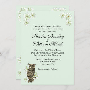 Whoo's Getting Married Gold Owl Flowers Mint Green Invitation