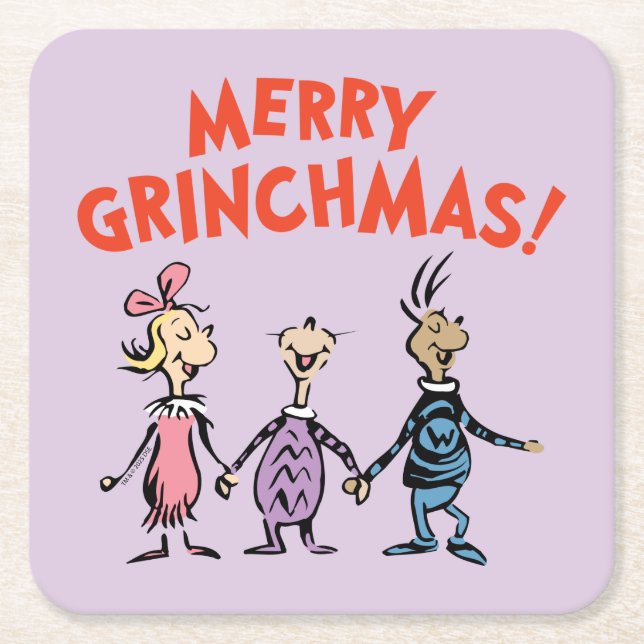 Whos Holding Hands Merry Grinchmas Square Paper Coaster (Front)