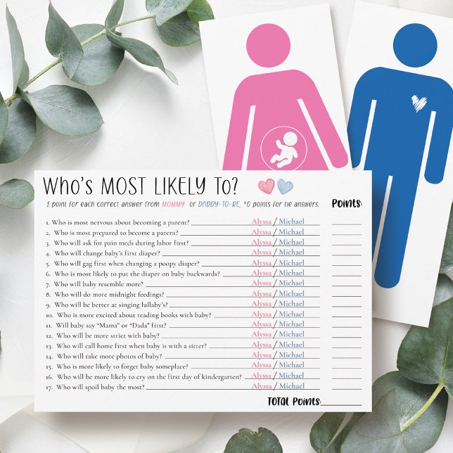 Who's Most Likely To Couple Baby Shower Game Card (Funny cute Who's Most Likely To mommy-to-be and daddy personalized name fun couple shower game card)