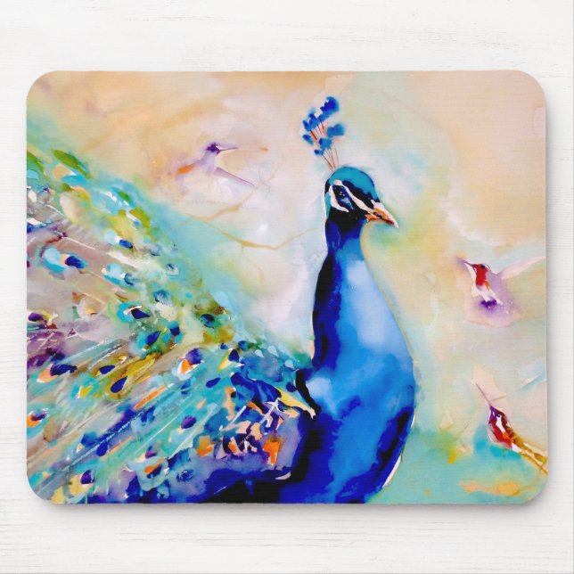 "Who's the Prettiest?" Peacock and Hummingbirds Mouse Pad (Front)