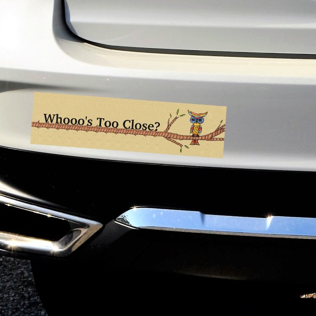 Who's Too Close Fancy Owl Branch Bumper Sticker (Colourful abstract owl sitting on tree branch on tan Who's Too Close bumper sticker for your car.)
