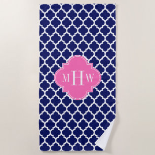 Wht DIY Colour BG Moroccan #5 Q Hot Pink Monogram Beach Towel