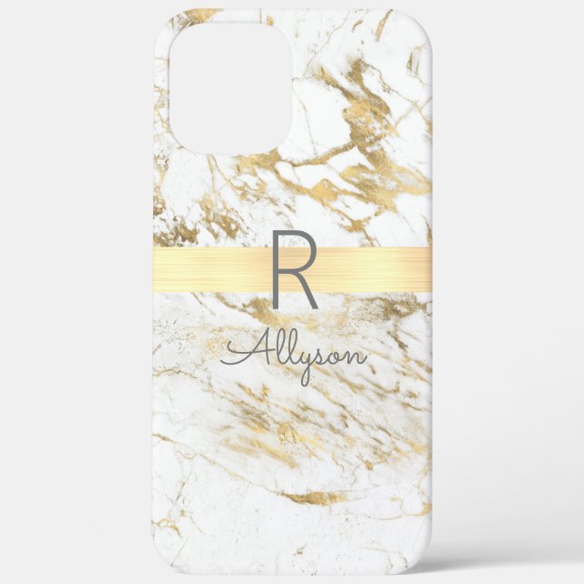 Wht & Gold Marble Gold Bar, DIY Grey Name Monogram Case-Mate iPhone Case (Back)