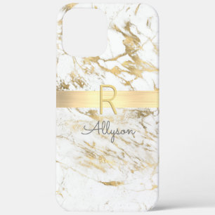 Wht & Gold Marble Gold Bar, DIY Grey Name Monogram iPhone 12 Pro Max Case