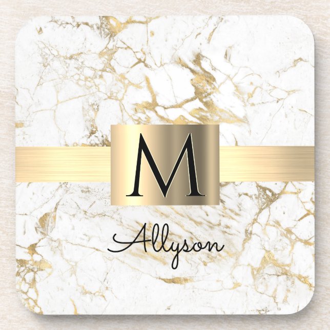 Wht & Gold Marble Gold Box, Script Name & Monogram Coaster (Front)