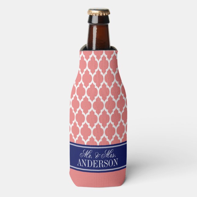 Wht Moroccan #4 CB Navy Name Monogram Wedding Bottle Cooler (Bottle Front)