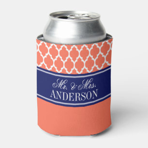 Wht Moroccan #4 CB Navy Name Monogram Wedding Can Cooler