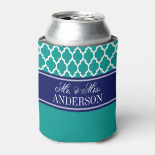 Wht Moroccan #4 CB Navy Name Monogram Wedding Can Cooler