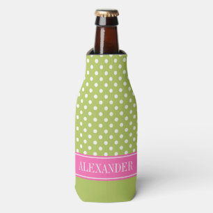 Wht Polka Dot CB Hot Pink Name Monogram Bottle Cooler