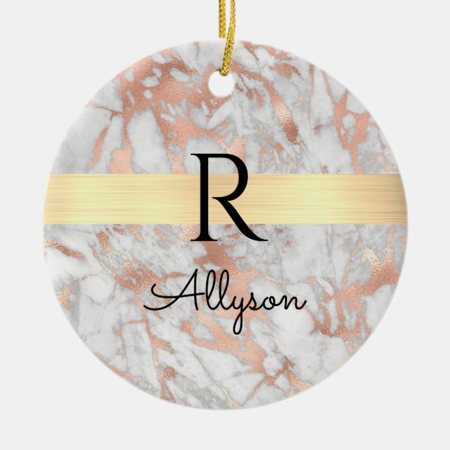 Wht & Rose Gold Marble Gold Bar, Blk Name Monogram Ceramic Ornament (Front)