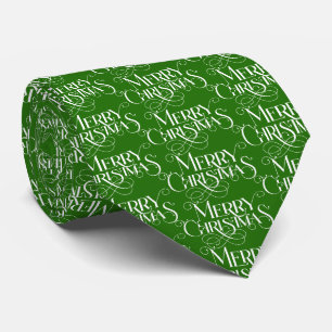 Whte Merry Christmas Retro Typography On Green Tie