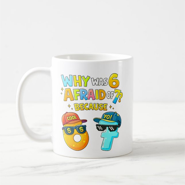 Why Was 6 Afraid of 7 Funny Math Design Coffee Mug (Left)