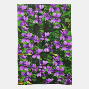 WI State Flower Wood Violet Mosaic Pattern Tea Towel