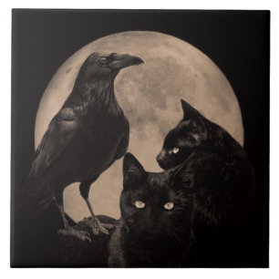 Wicca Cat, Raven and Moon Vintage Ceramic Tile