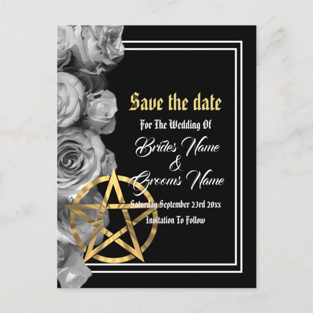 Wiccan black wedding save the date announcement postcard (Front)