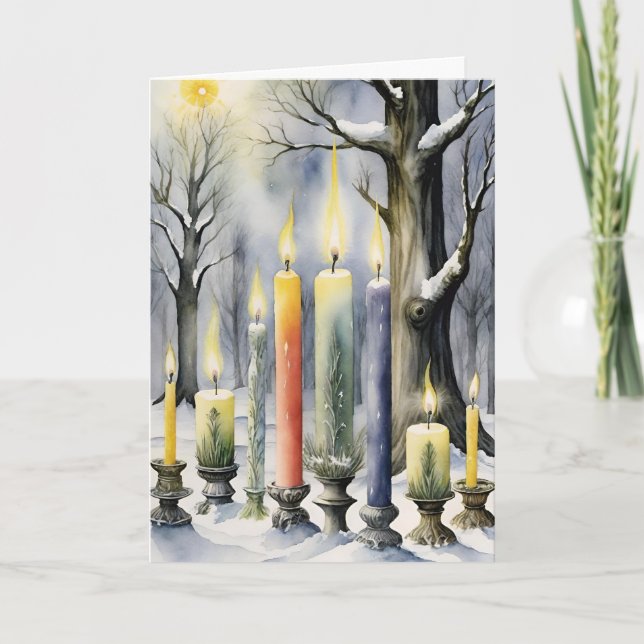 Wiccan Imbolc Rainbow Candles in Snowy Forest Holiday Card (Front)