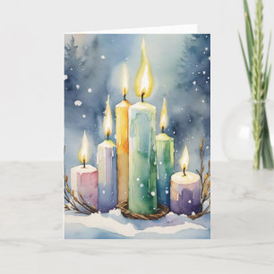 Wiccan Imbolc Rainbow Candles in Snowy Forest Holiday Card