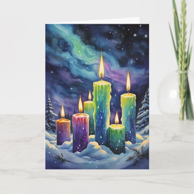 Wiccan Imbolc Rainbow Candles in Snowy Forest Holiday Card (Front)