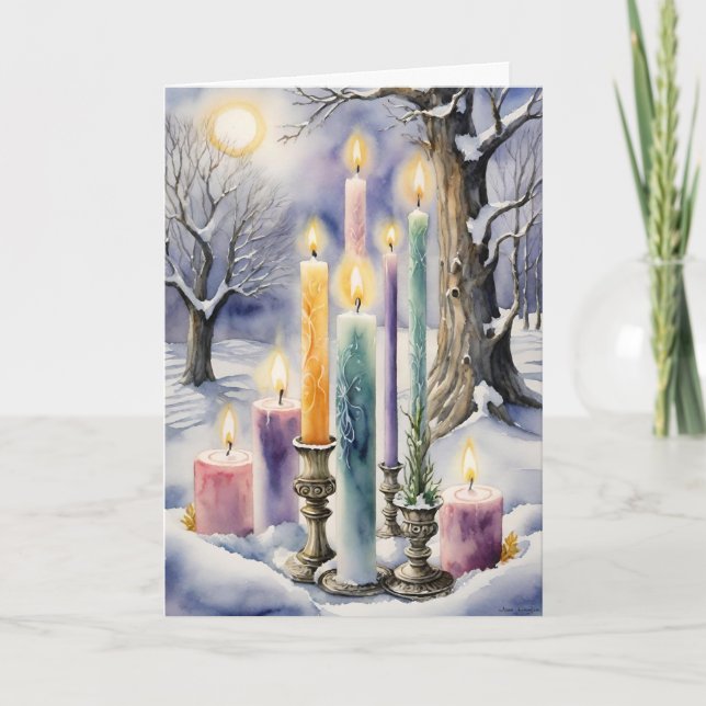 Wiccan Imbolc Rainbow Candles in Snowy Forest Holiday Card (Front)