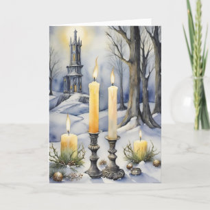 Wiccan Imbolc Yellow Candles in Snowy Forest Holiday Card