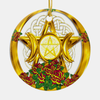 Wiccan Pagan Pentacle Gold With Roses Ceramic Ornament