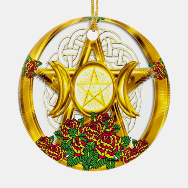 Wiccan Pagan Pentacle Gold With Roses Ceramic Ornament (Front)