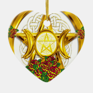 Wiccan Pagan Pentacle Gold With Roses Ceramic Tree Decoration