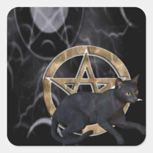 Wiccan pentacle with black cat square sticker