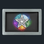 Wiccan pentagram belt buckle<br><div class="desc">Artistically drawn, luminous pentagram with five magical elements, water, earth, fire, astral, air on black background. Wiccan pentagram. Wicca</div>