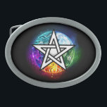 Wiccan pentagram belt buckle<br><div class="desc">Artistically drawn, luminous pentagram with five magical elements, water, earth, fire, astral, air on black background. Wiccan pentagram. Wicca</div>