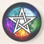 Wiccan pentagram coaster<br><div class="desc">Artistically drawn,  luminous pentagram with five magical elements,  water,  earth,  fire,  astral,  air on black background. Wiccan pentagram. Wicca</div>