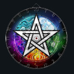 Wiccan pentagram dartboard<br><div class="desc">Artistically drawn,  luminous pentagram with five magical elements,  water,  earth,  fire,  astral,  air on black background. Wiccan pentagram. Wicca</div>
