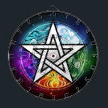 Wiccan pentagram dartboard<br><div class="desc">Artistically drawn, luminous pentagram with five magical elements, water, earth, fire, astral, air on black background. Wiccan pentagram. Wicca</div>