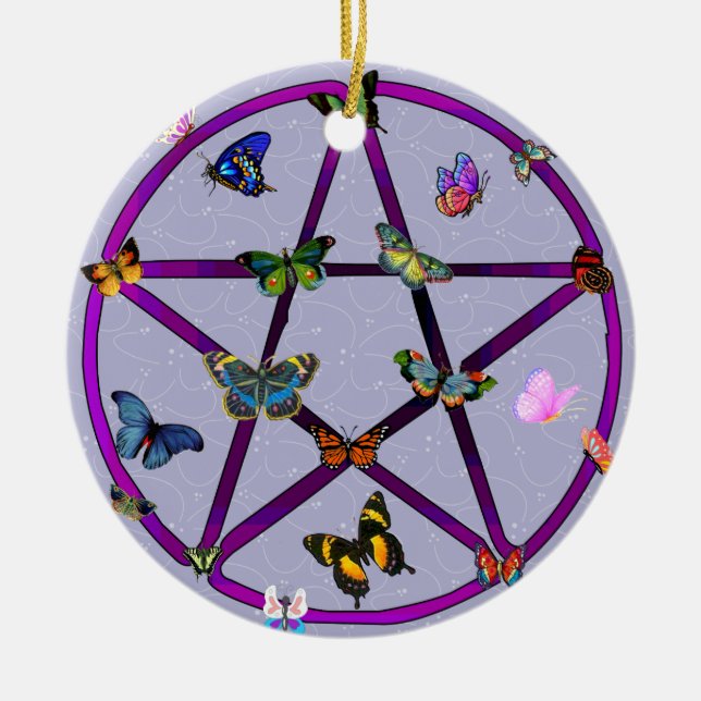 Wiccan Star and Butterflies Ceramic Ornament (Front)