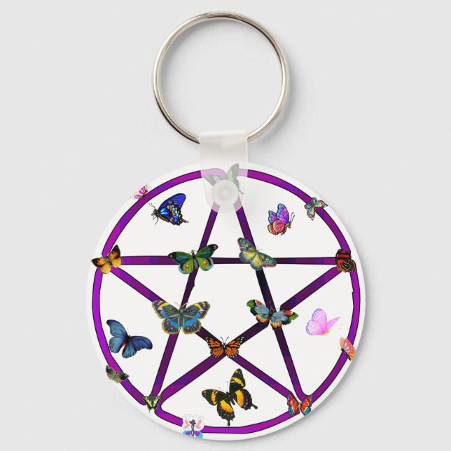 Wiccan Star and Butterflies Key Ring (Front)