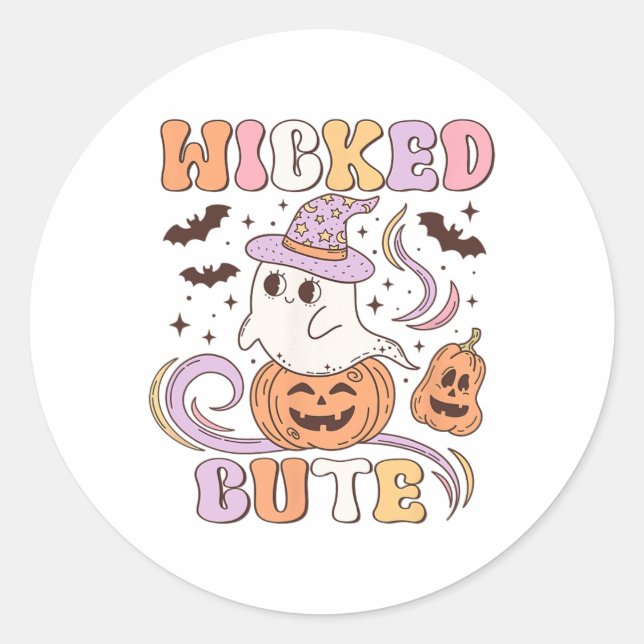 Wicked Cute Ghost And Pumpkin Halloween Design, Fu Classic Round Sticker (Front)