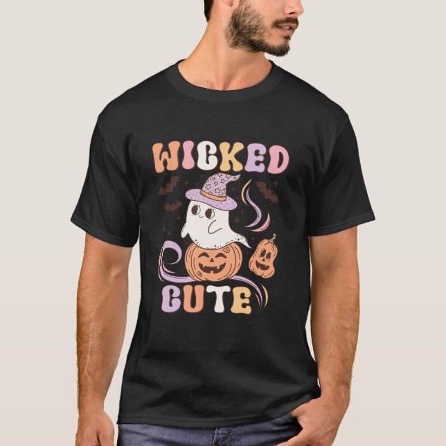 Wicked Cute Ghost Bats Spooky Pumpkin Groovy Hallo T-Shirt (Front)
