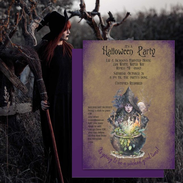Wicked Good Witch Halloween Party Invitation (Wicked witch brewing up some Halloween magic on this party invitation.)
