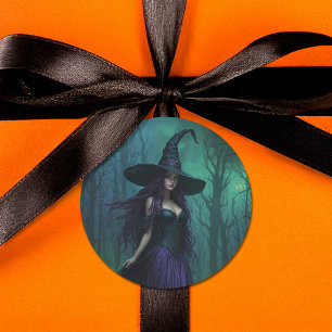 Wicked Halloween Witch in Purple and Black Classic Round Sticker
