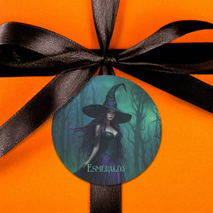 Wicked Halloween Witch in Purple and Black Name Classic Round Sticker