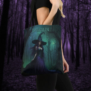 Wicked Halloween Witch in Purple and Black Name Tote Bag
