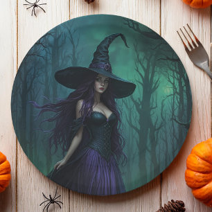 Wicked Halloween Witch in Purple and Black Paper Plate