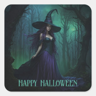 Wicked Halloween Witch in Purple and Black Square Sticker
