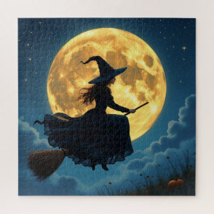 Wicked Halloween   Witch on Broom with Full Moon Jigsaw Puzzle
