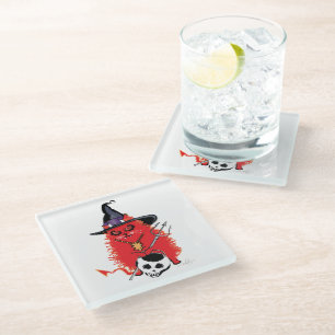 Wicked Kitty Devil Cat Trick or Treat Glass Coaster